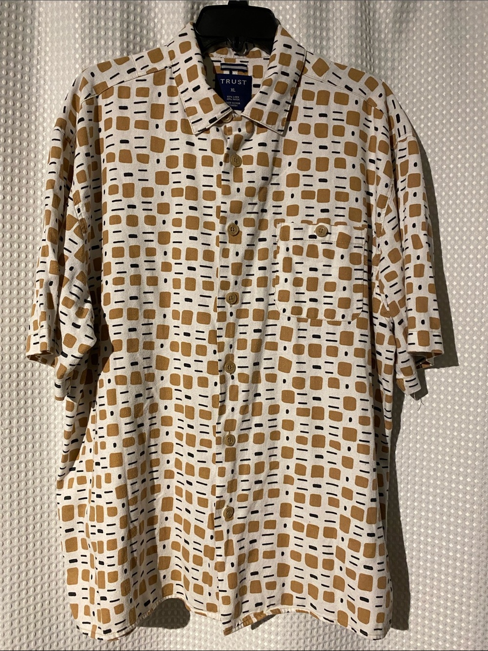 Trust XL Linen Rayon Resort Camp Shirt Geometric Retro Mid Century Button Up